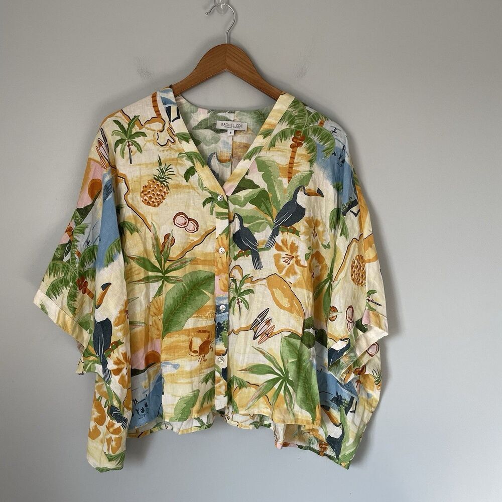 Rachel Zoe Linen Blend Tropica Print Blouse Oversized Boxy Fit Yellow Size Small